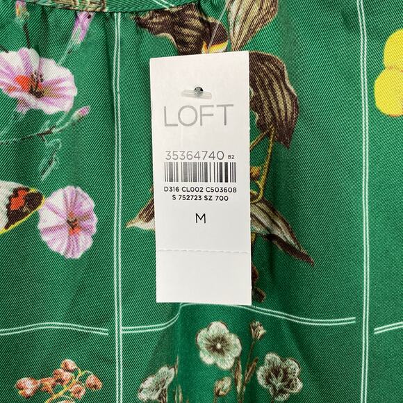 LOFT Green Floral Bird Butterfly Garden Puff Sleeve Shift Midi Dress Sz.M NWT - Picture 8 of 16
